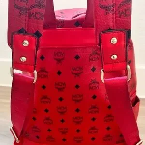 MCM Red and Gold Backpack with Signature Monogram MCM Grainy Lambskin Crystal Studded Small Stark Backpack Red  main image 3